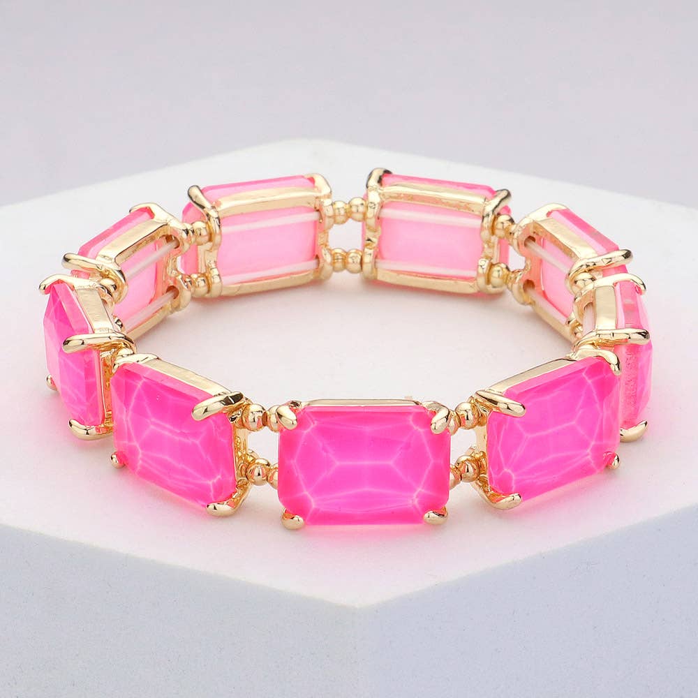 Emerald Cut Stone Stretch Evening Bracelet: Clear Gold Shiny
