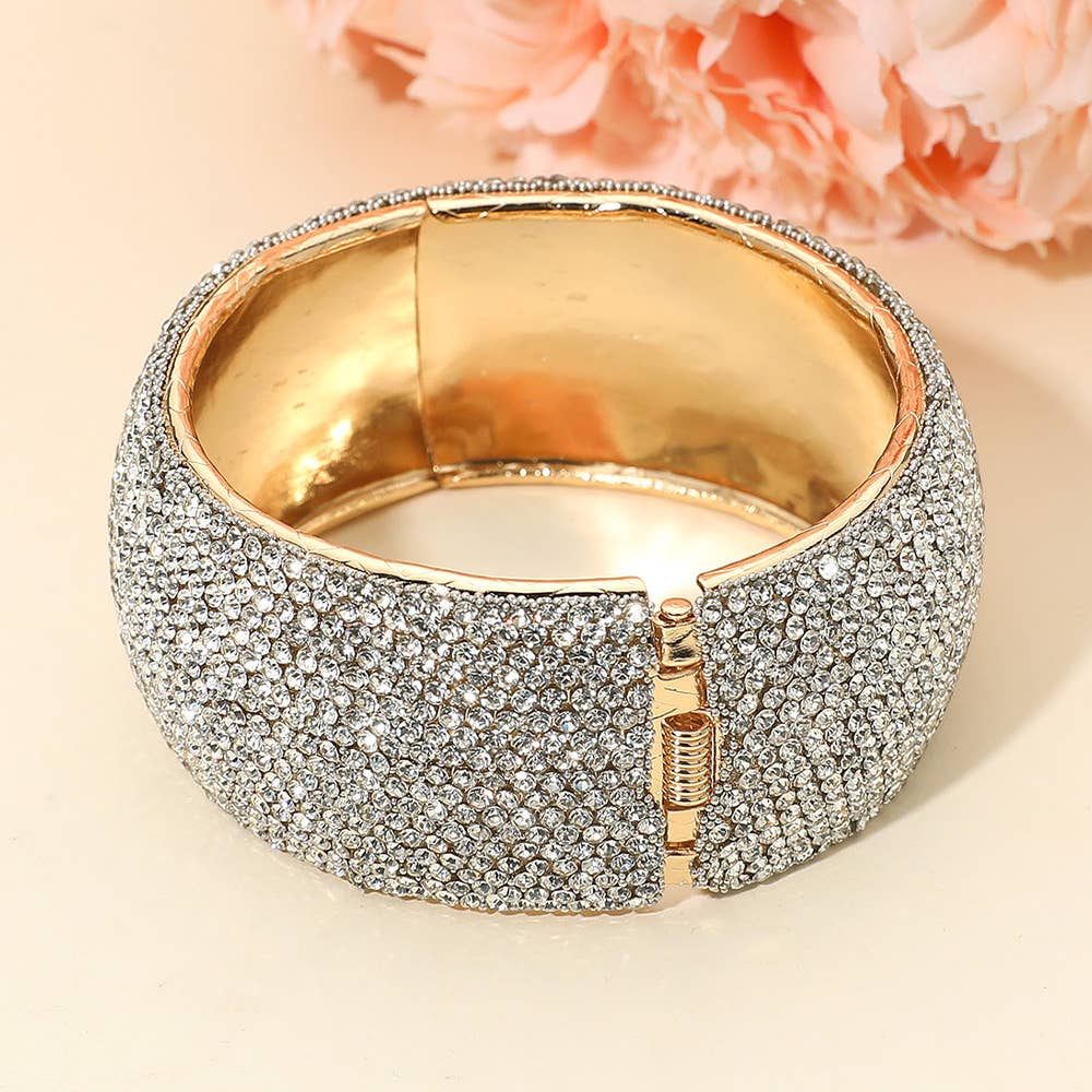 Wide Rhinestone Pearl Paved Hinged Evening Bangle Bracelet: Leopard