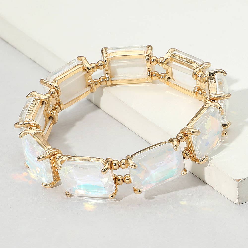Emerald Cut Stone Stretch Evening Bracelet: Clear Gold Shiny