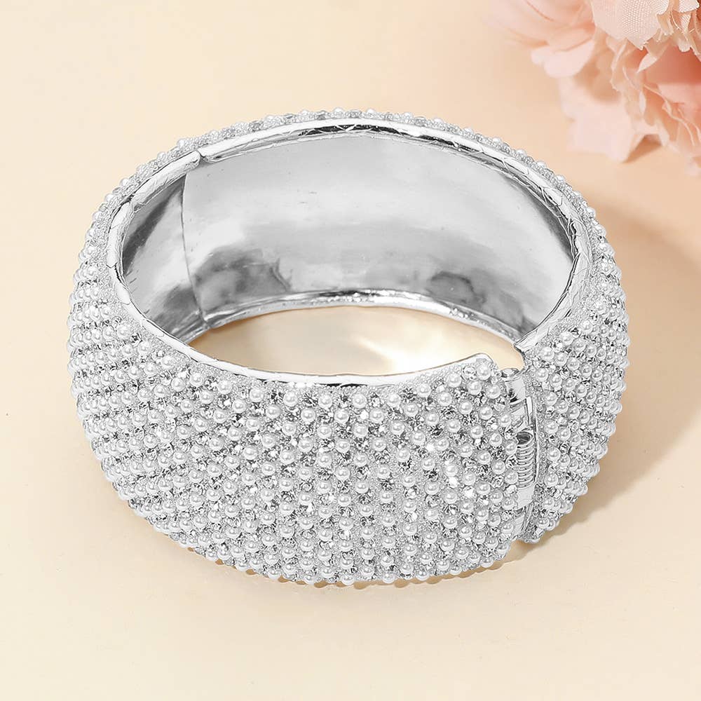 Wide Rhinestone Pearl Paved Hinged Evening Bangle Bracelet: Leopard