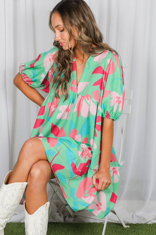 Clover Floral Print V-Neck Tired Baby Doll Mini Dress VD82057M: Mint / L