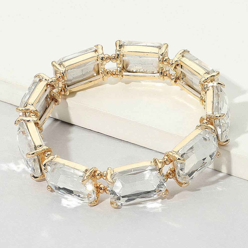 Emerald Cut Stone Stretch Evening Bracelet: Clear Gold Shiny
