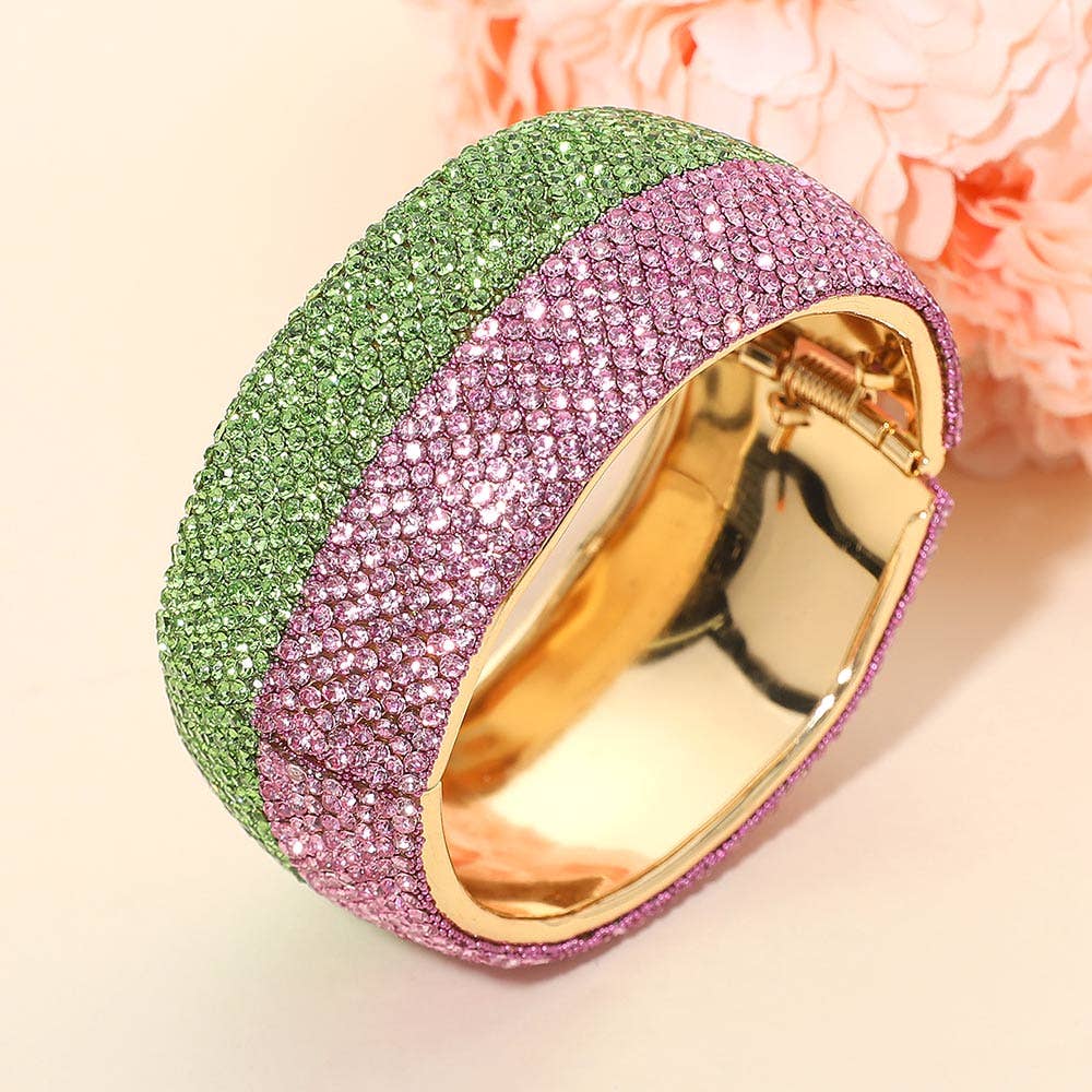 Wide Rhinestone Pearl Paved Hinged Evening Bangle Bracelet: Leopard