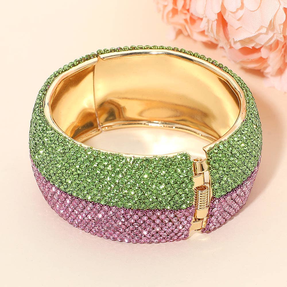Wide Rhinestone Pearl Paved Hinged Evening Bangle Bracelet: Gold,Lt Col Topaz