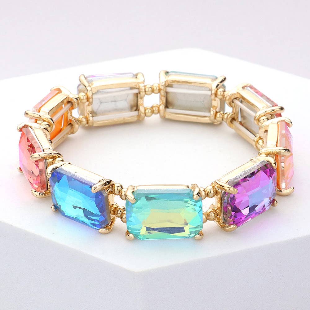 Emerald Cut Stone Stretch Evening Bracelet: Clear Gold Shiny