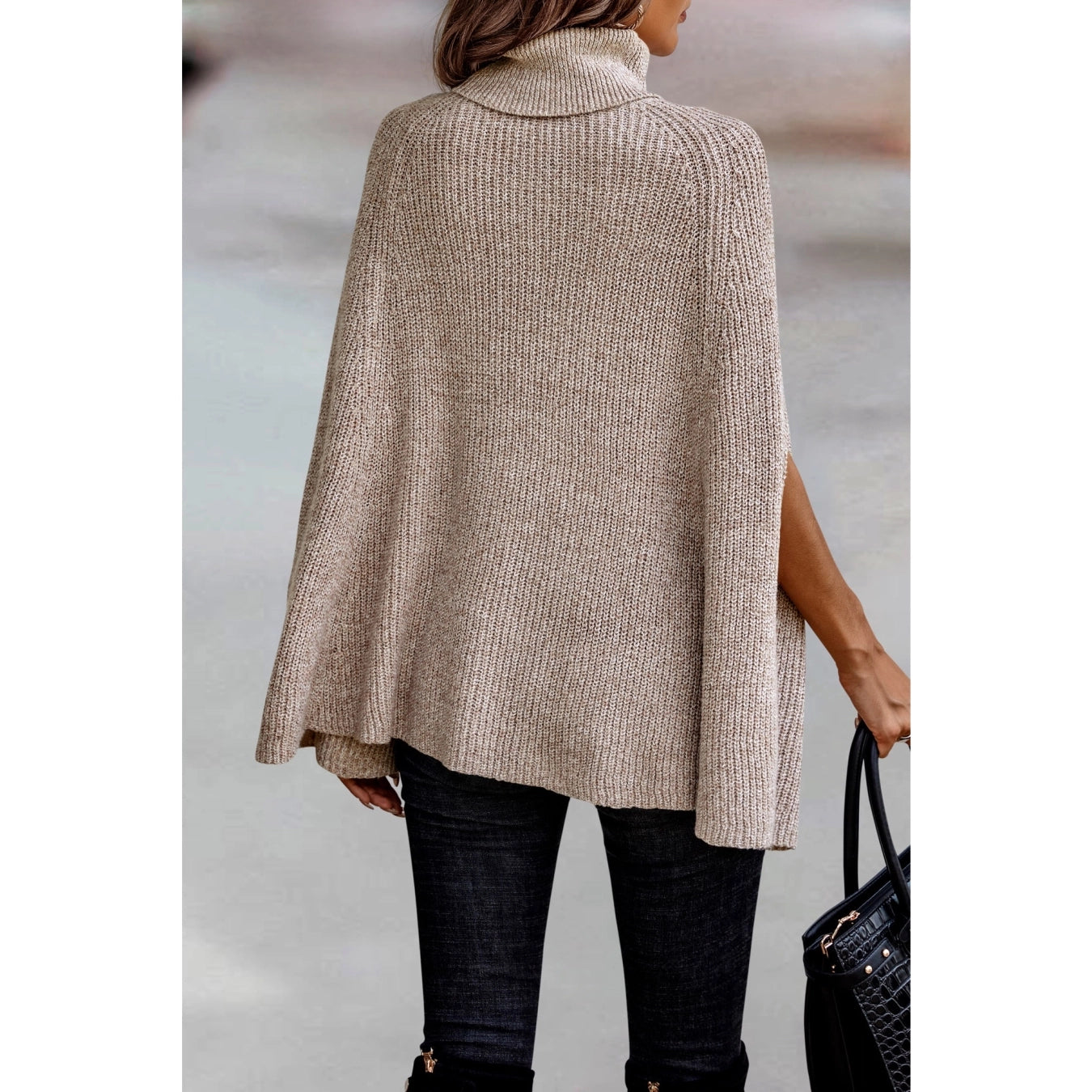 Rhonda Solid Roll Neck Knit Loose Poncho Beige