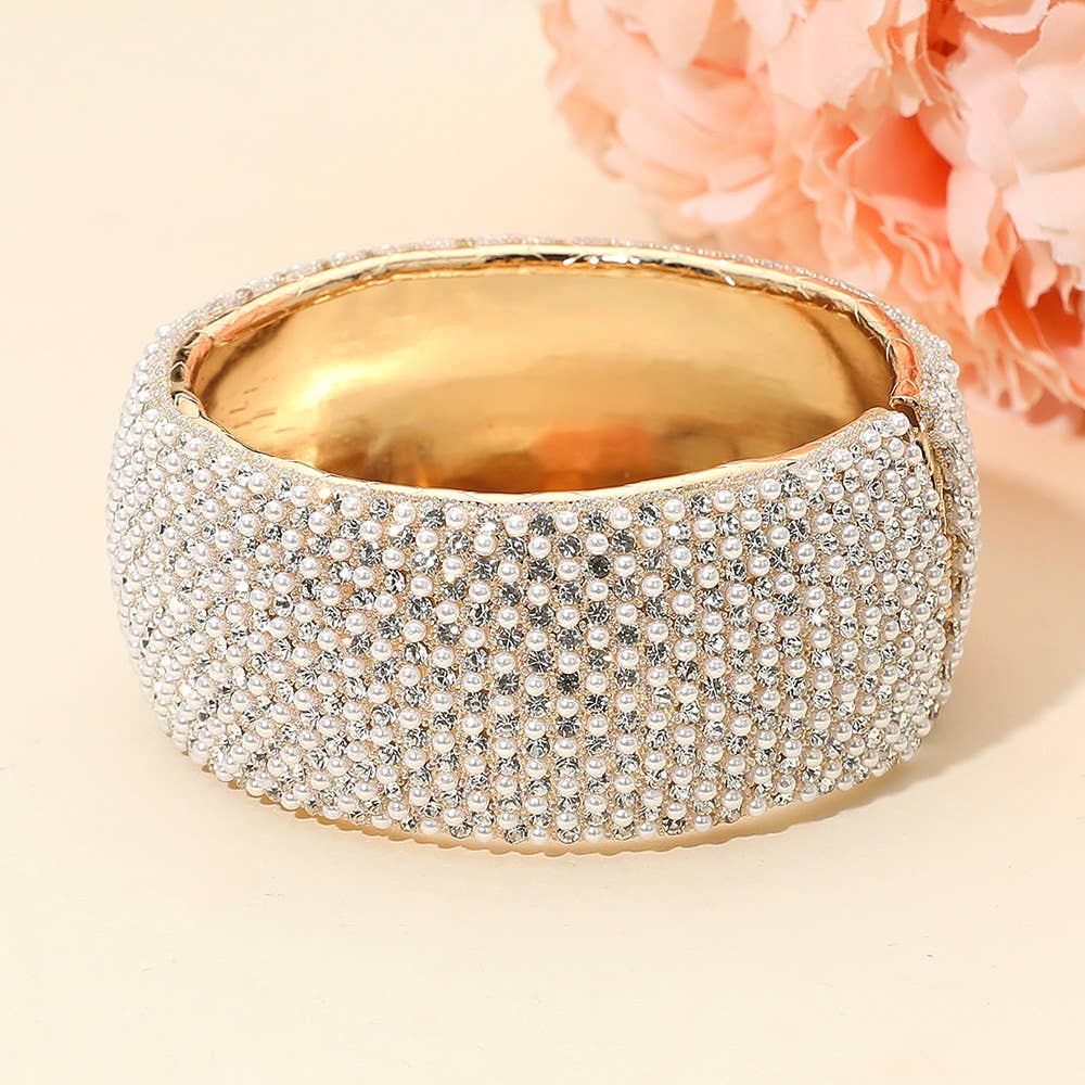 Wide Rhinestone Pearl Paved Hinged Evening Bangle Bracelet: Cream,Gold