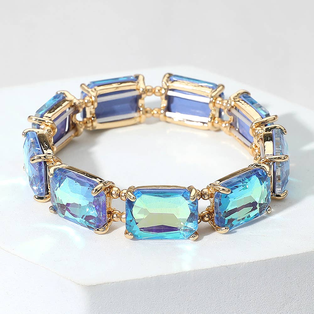 Emerald Cut Stone Stretch Evening Bracelet: Clear Gold Shiny