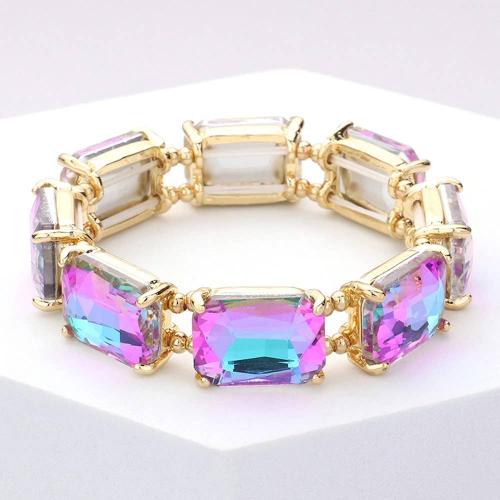 Emerald Cut Stone Stretch Evening Bracelet: Clear Gold Shiny