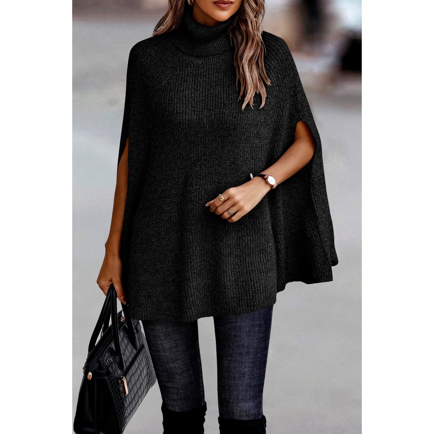 Rhonda Solid Roll Neck Knit Loose Poncho Black