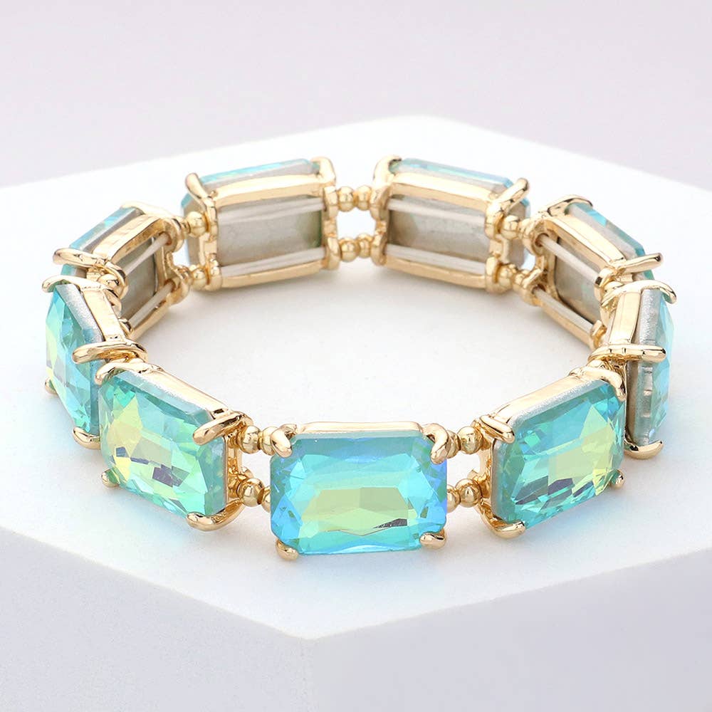 Emerald Cut Stone Stretch Evening Bracelet: Clear Gold Shiny