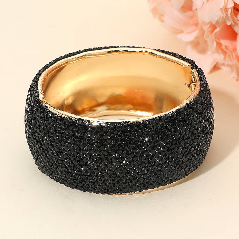 Wide Rhinestone Pearl Paved Hinged Evening Bangle Bracelet: Cream,Gold