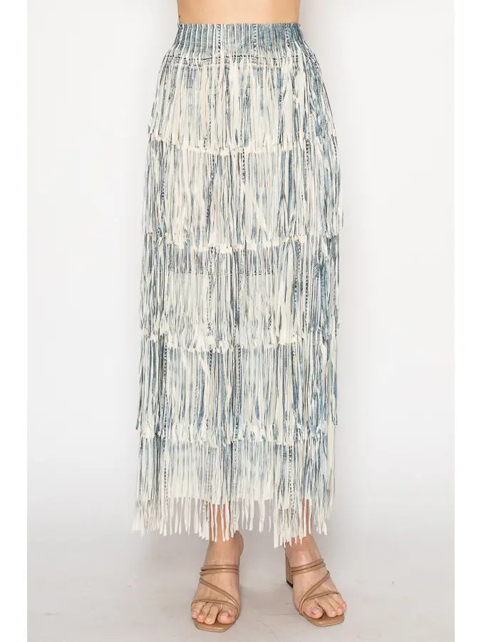 Dakota Layer Fringe Tiered Maxi Skirt 2 Denim