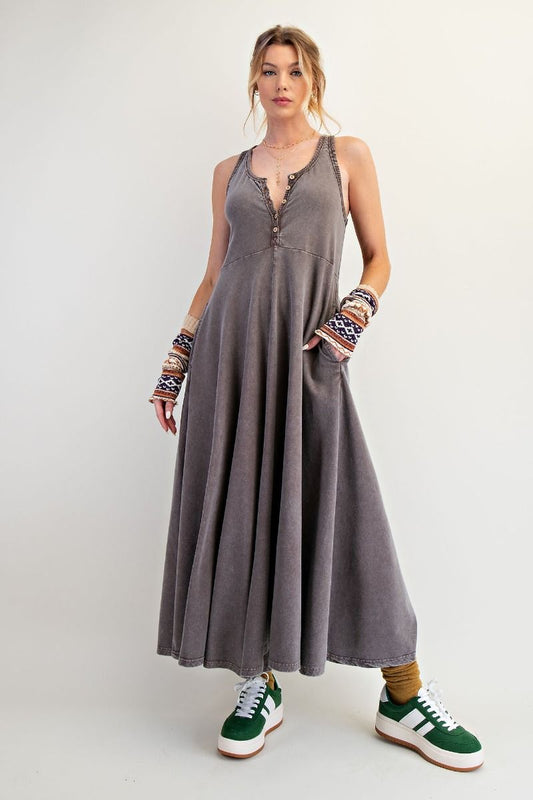 Noa Sleeveless Mineral Washed Palazzo Jumpsuit Coffee