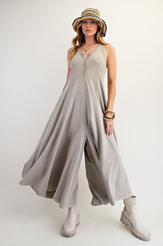 Noa Sleeveless Mineral Washed Palazzo Jumpsuit Sage Grey