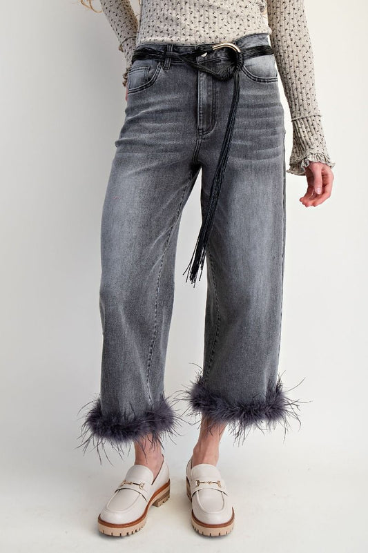 Fallon Fur Bottom Stretch Black Denim Pants