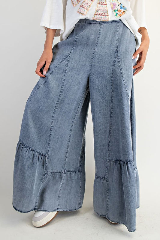 Hannah Ruffle Bottom Hem Palazzo Pants Washed Denim