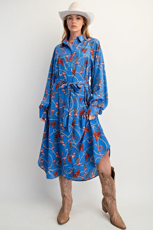 Cassidy Western Print Satin Button Down Dress Pearl Blue