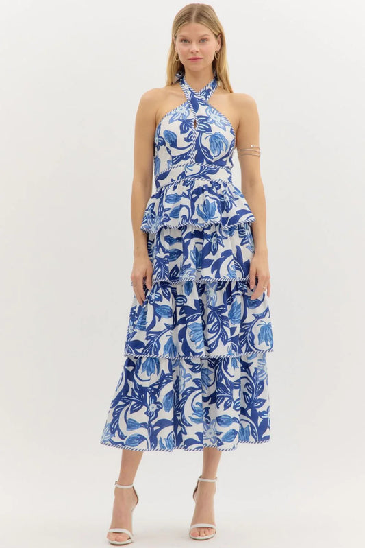 Olivia Paisley Print Tiered Halter Midi Dress