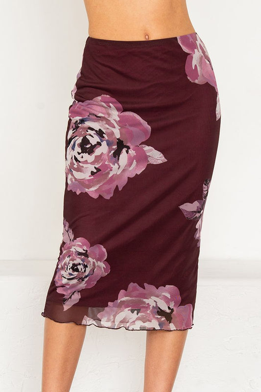 Maeve Floral Mesh Midi Skirt Plum/Mauve