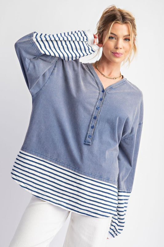 Elise Stripe Bottom Mineral Washed Cotton Knit Top Denim