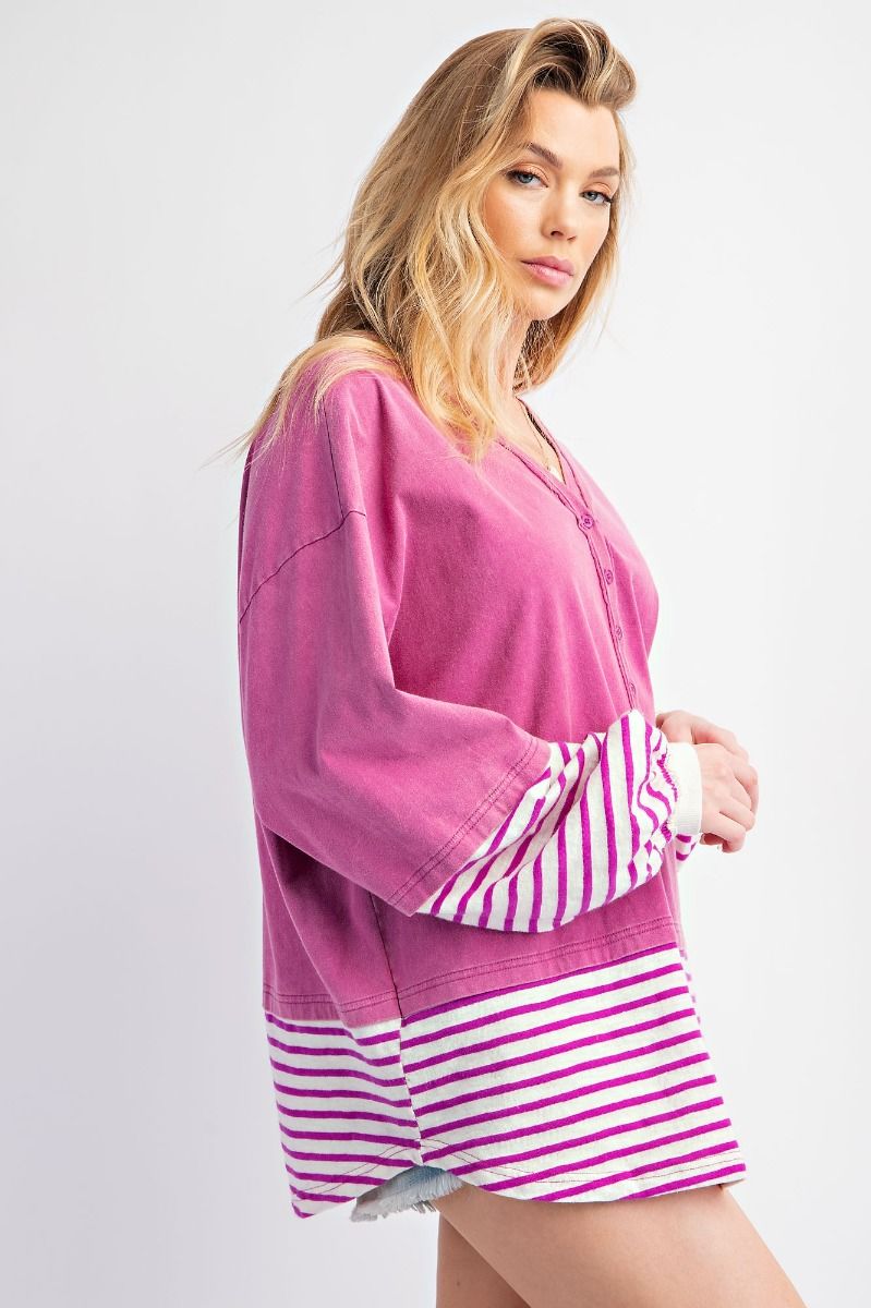 Elise Stripe Bottom Mineral Washed Cotton Knit Top Orchid