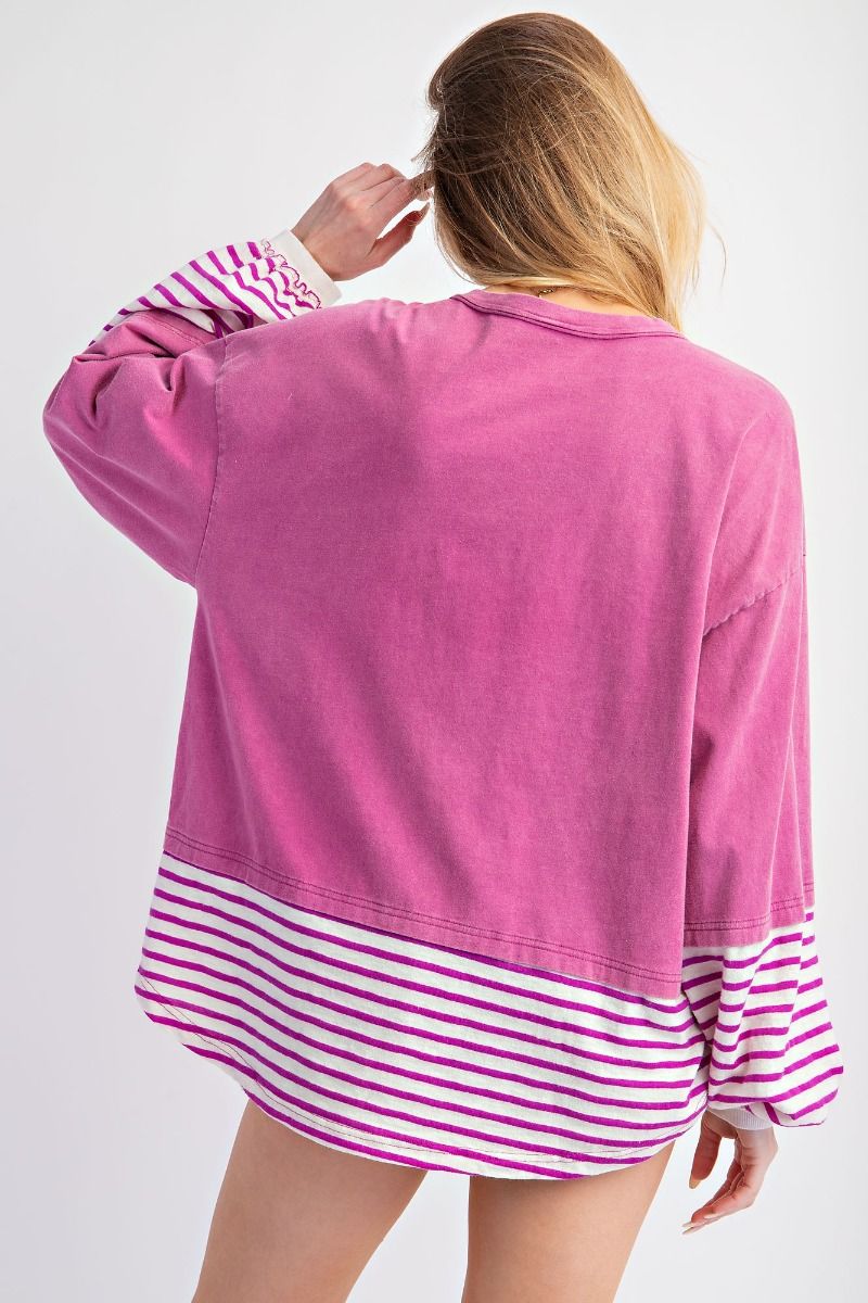 Elise Stripe Bottom Mineral Washed Cotton Knit Top Orchid