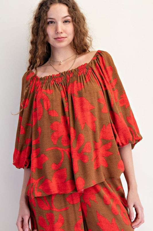 Anela Bubble Sleeve Printed Rayon Challis Top Camellia