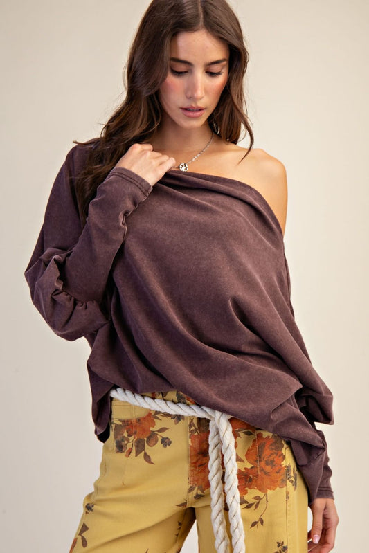 Marlo One Shoulder Mocha Washed Top