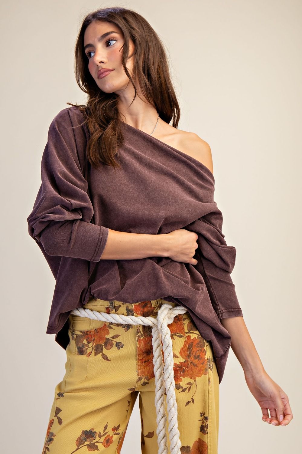 Marlo One Shoulder Mocha Washed Top