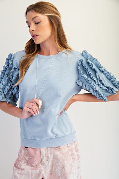 Cassie Ruffle Sleeve Mineral Washed Top Dusty Blue
