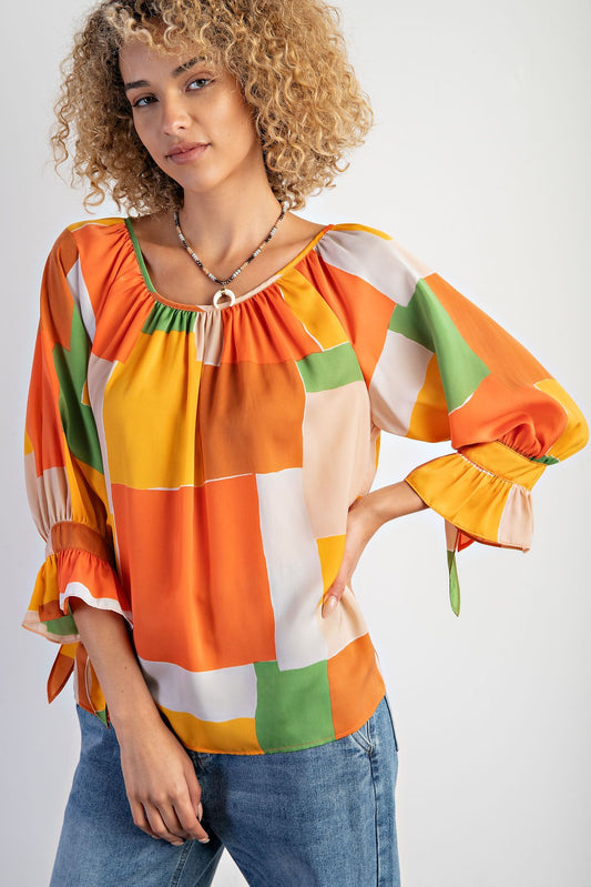 Talia Geo Print Satin Blouse Orange Caramel