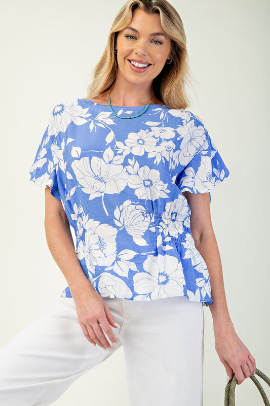 Isla Printed Peplum Top Peri Blue
