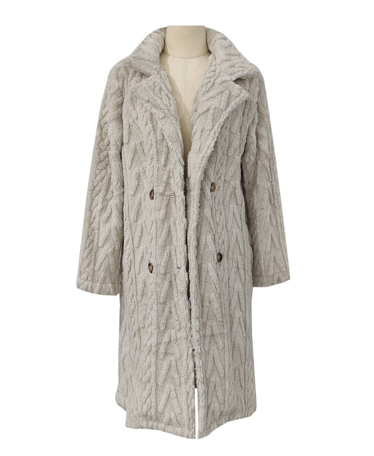 Double-sided Plush Slip Pockets Casual Long Coat: Beige / L