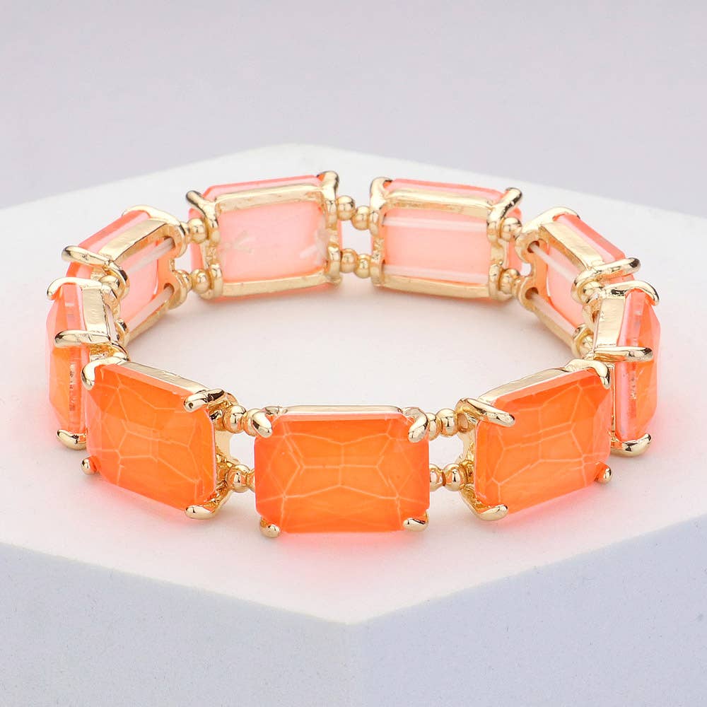 Emerald Cut Stone Stretch Evening Bracelet: Clear Gold Shiny
