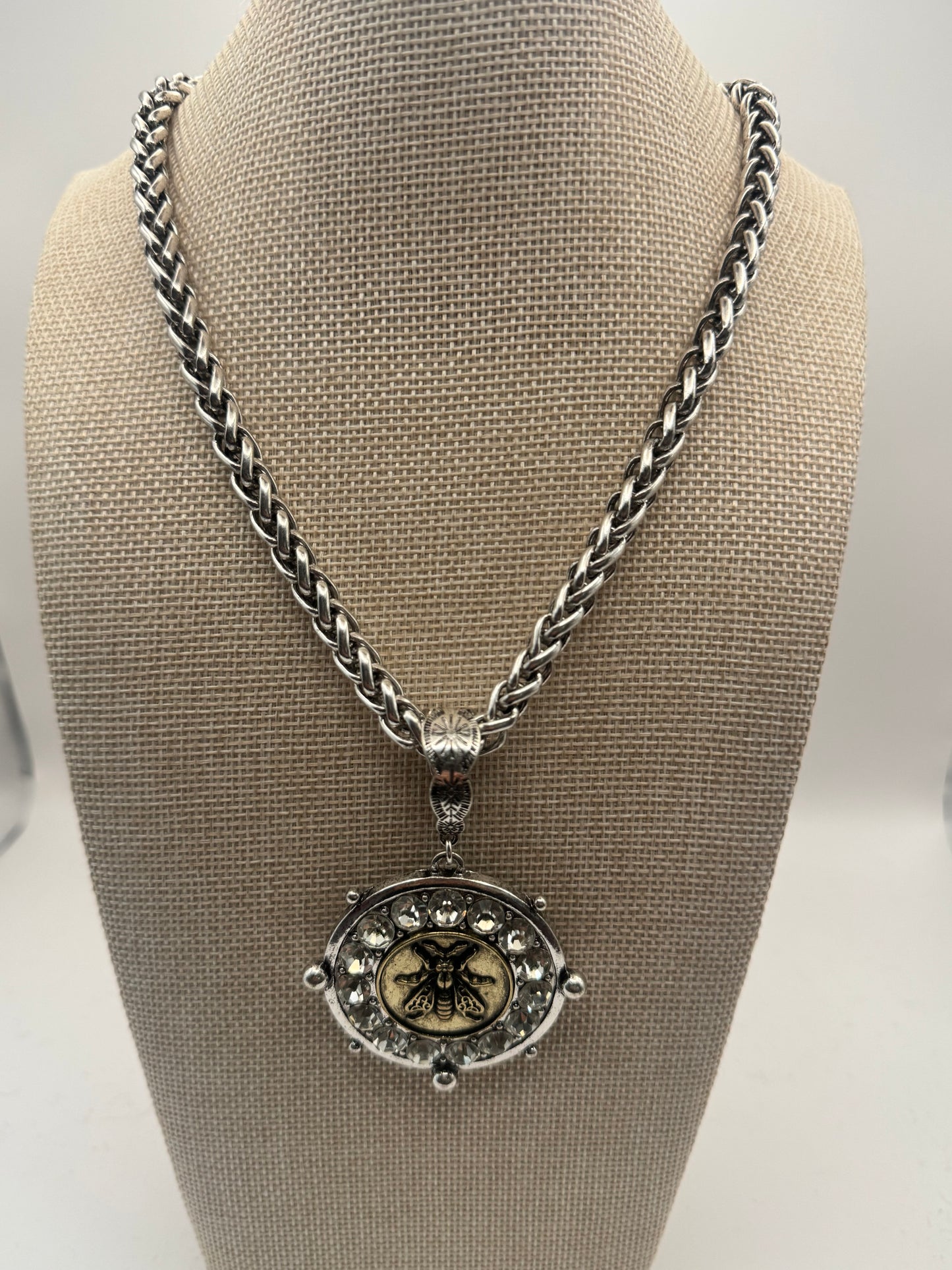 Circle Bee with Clear Crystals Necklace