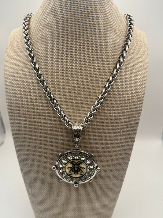 Circle Bee with Clear Crystals Necklace