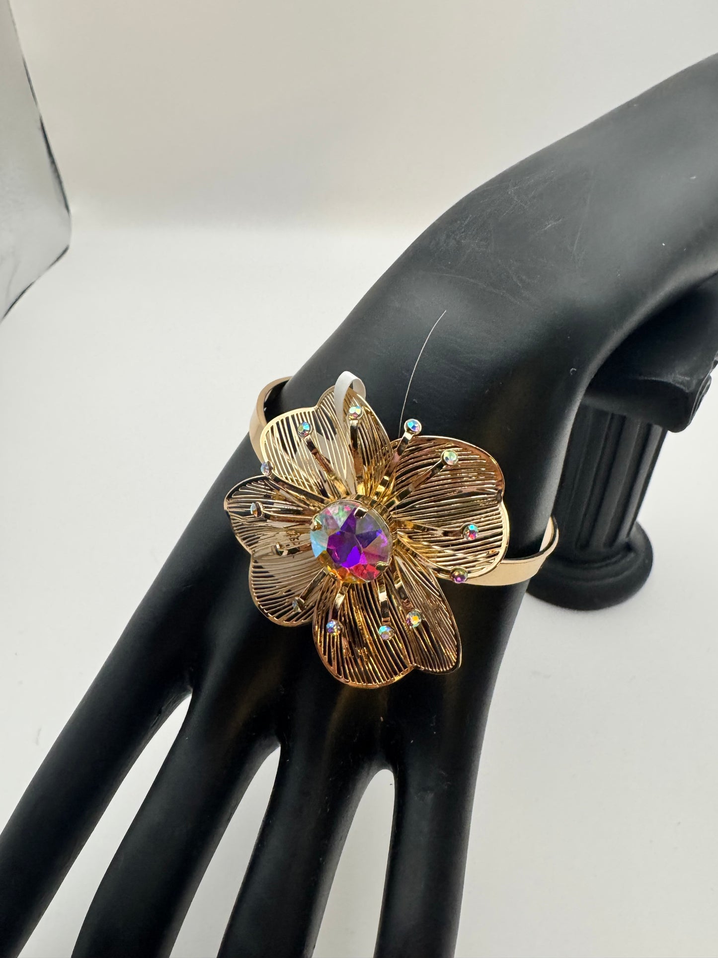 Flower with AB Stone Gold Cuff Bracelet