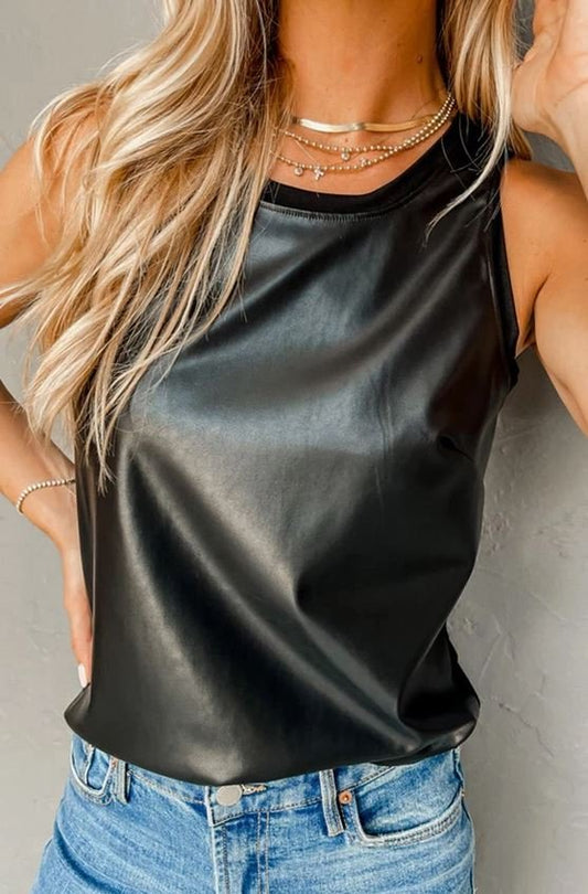 Black Faux Leather Crew Neck Tank Top