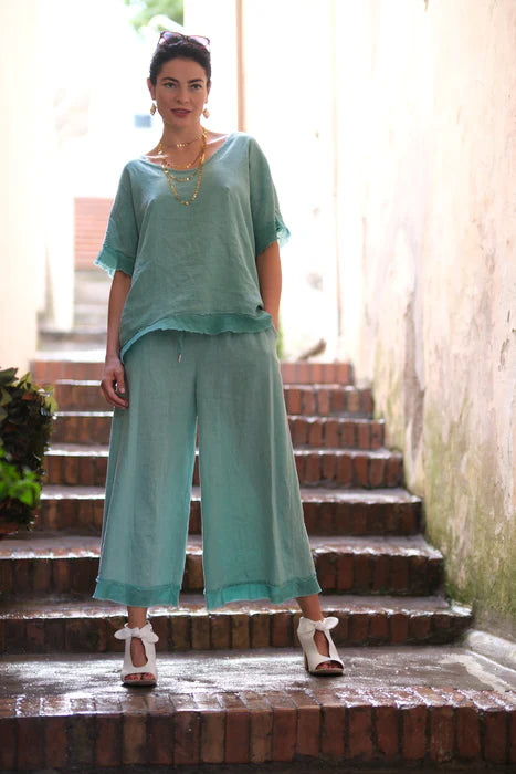 Piera Linen/Rayon Ruffle Top Green